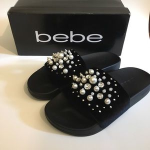 NIB bebe Black Velvet Embellished Slides